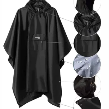 Capellina unisex impermeable, la capucha tiene una goma que se ajusta al cuello y cabeza. Un poco por encima del estómago tiene un bolsillo que se puede cerrar con velcro.